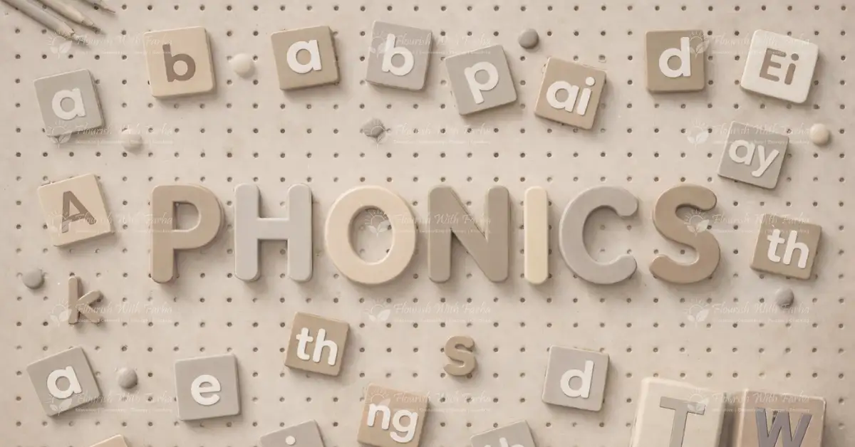 Phonics learning tiles showing letter sounds and combinations arranged around the word “Phonics” on a neutral background.