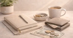 A neutral workspace with a notebook, pen, wallet, coins, currency notes, and a cup of coffee, symbolising financial planning, independence, and everyday money decisions.
