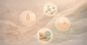 Abstract wellness illustration showing hormonal balance, nutrients, and bodily processes through symbolic elements like molecules, droplets, and natural compounds, representing internal healing and body awareness.