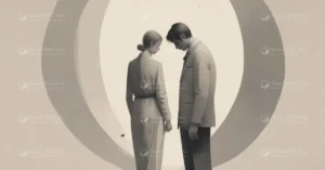 A muted, minimalist illustration of two individuals standing close yet emotionally distant, symbolising unhealthy relationships, emotional suppression, and loss of self.