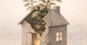 A cracked house with a plant growing through the roof, soft light glowing from a window.