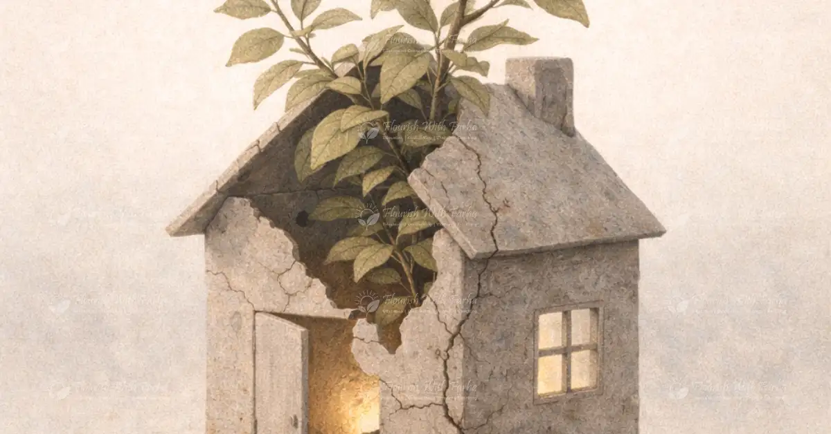 A cracked house with a plant growing through the roof, soft light glowing from a window.