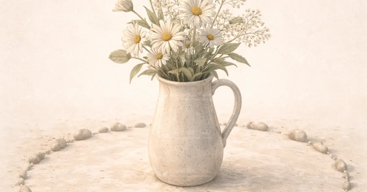 A ceramic jug with white flowers placed inside a circle of small stones on a calm surface.