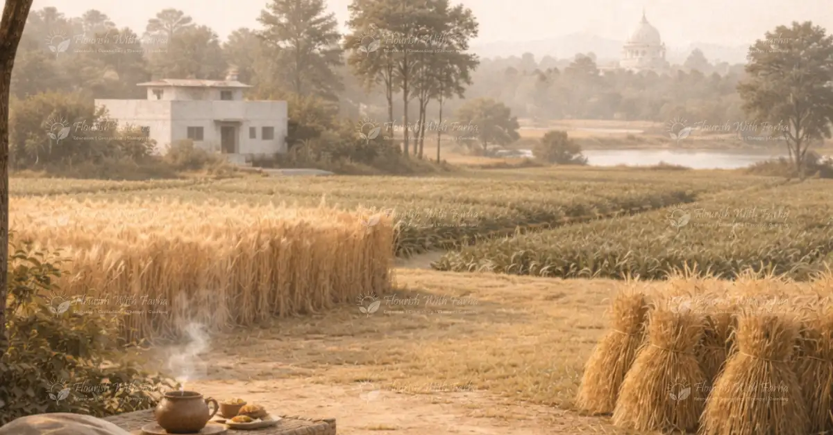 Quiet rural landscape of Punjab with golden fields, haystacks, trees, and a distant village under soft morning light.