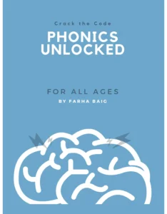 Book cover of Crack the Code Phonics Unlocked For All Ages by Farha Baig focused on phonics learning and literacy development.