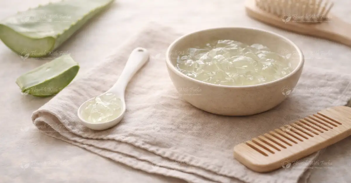 Fresh aloe vera gel in a ceramic bowl with a wooden comb and spoon on a neutral cloth background.