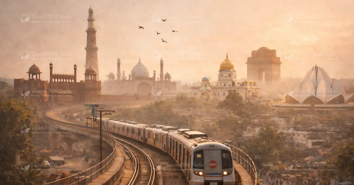 Early morning view of Delhi city with a metro train moving through historic landmarks, capturing a calm and reflective side of urban life before modern chaos.