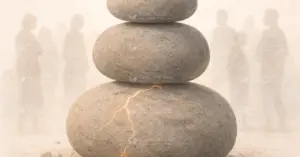 Stack of smooth stones with visible crack representing the hidden burden and fragility of being the strong one.
