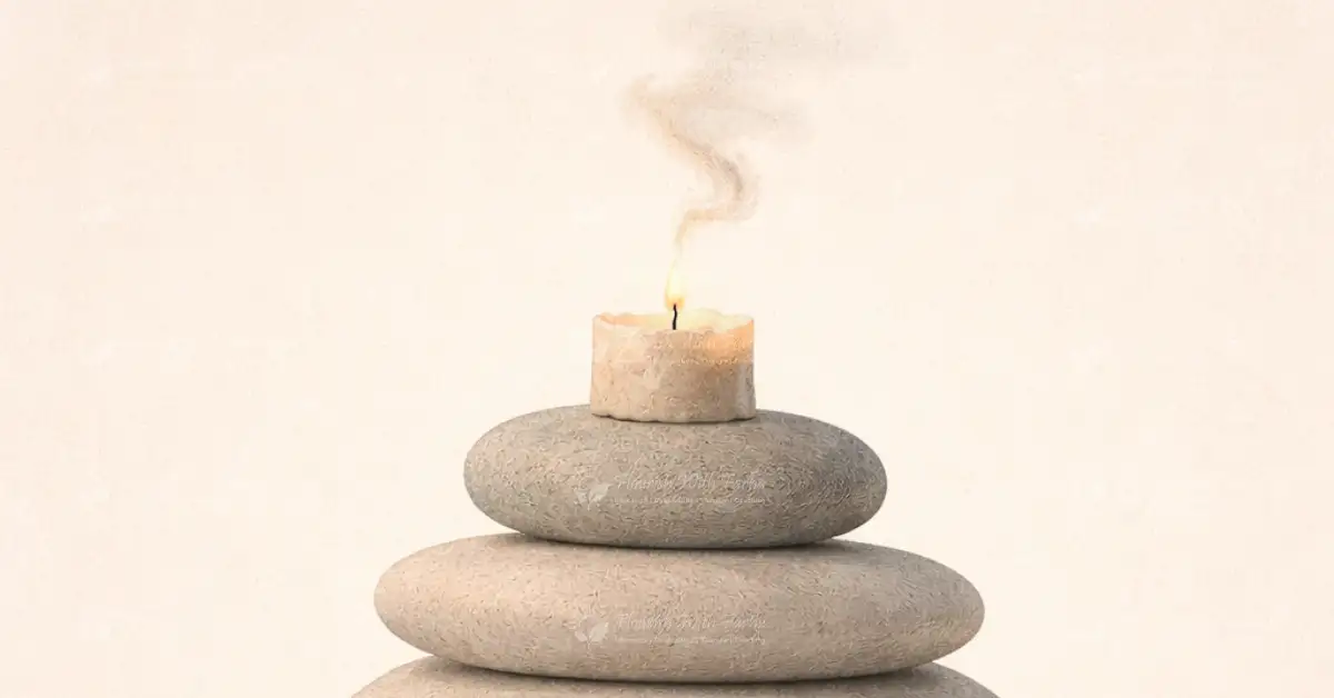 Stacked stones with burning candle representing the quiet exhaustion of functional burnout.
