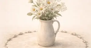 A ceramic jug with white flowers placed inside a circle of small stones on a calm surface.