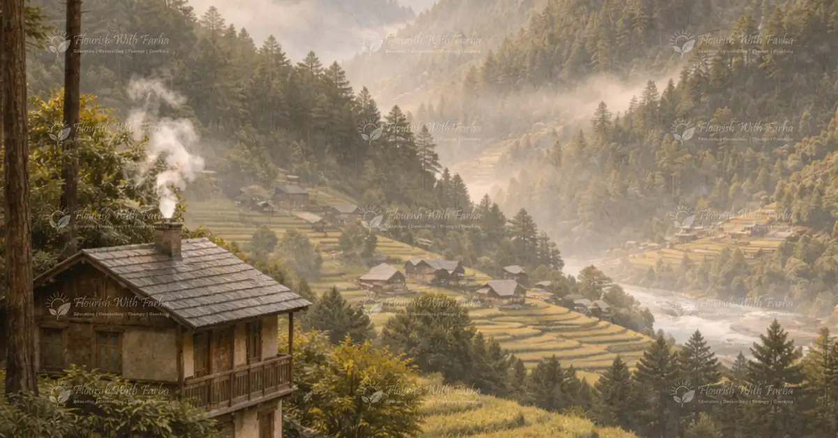 Quiet mountain landscape in Himachal Pradesh with wooden houses, terraced fields and mist across the valley.