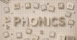 Phonics learning tiles showing letter sounds and combinations arranged around the word “Phonics” on a neutral background.