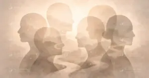 Overlapping silhouettes of diverse individuals representing the idea that identity is shaped by mentality and character rather than geographic origin or place of birth.