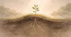 A young plant with visible roots growing deep beneath the soil surface, symbolizing quiet internal growth and invisible progress that happens beneath what others can see.