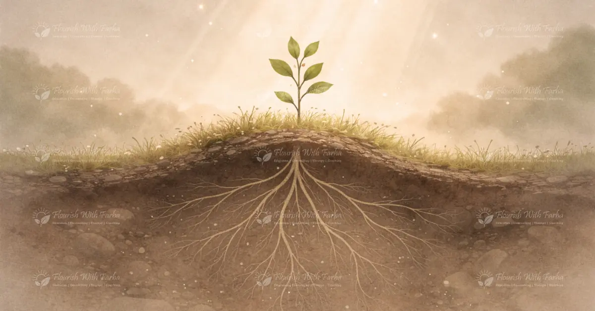 A young plant with visible roots growing deep beneath the soil surface, symbolizing quiet internal growth and invisible progress that happens beneath what others can see.