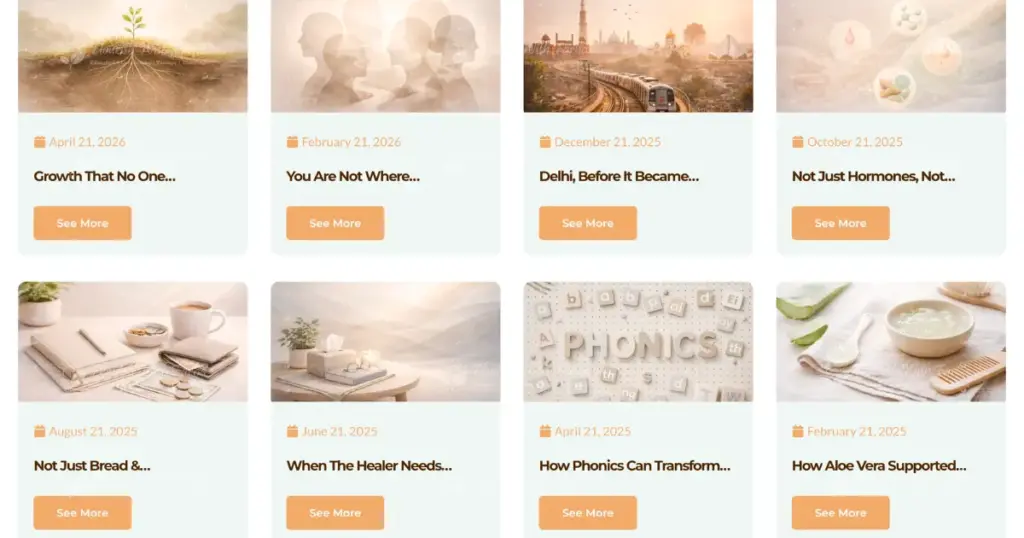 Blog section of Flourish With Farha featuring articles on emotional wellbeing, healing, communication, phonics, confidence, education, counselling, and personal growth through lived experiences and reflective writing.