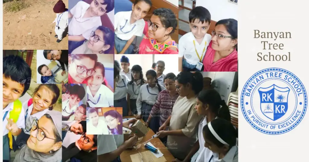 Farha Baig working as a special educator with students at Banyan Tree School in New Delhi during classroom activities, learning support sessions, and student interaction.