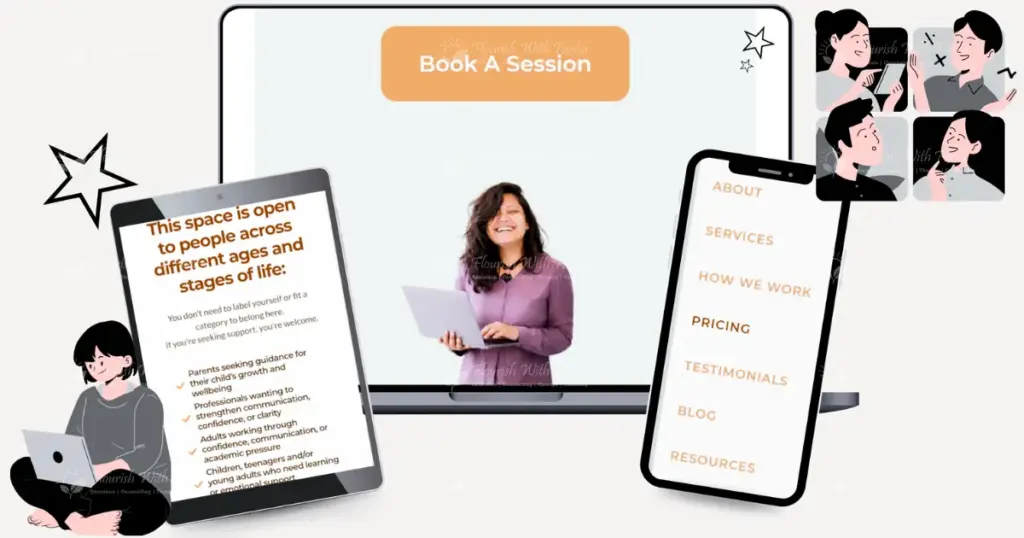 Flourish With Farha online session booking interface showcasing counselling, education, communication support, therapy services, blog resources, and personalised guidance for all different age groups.