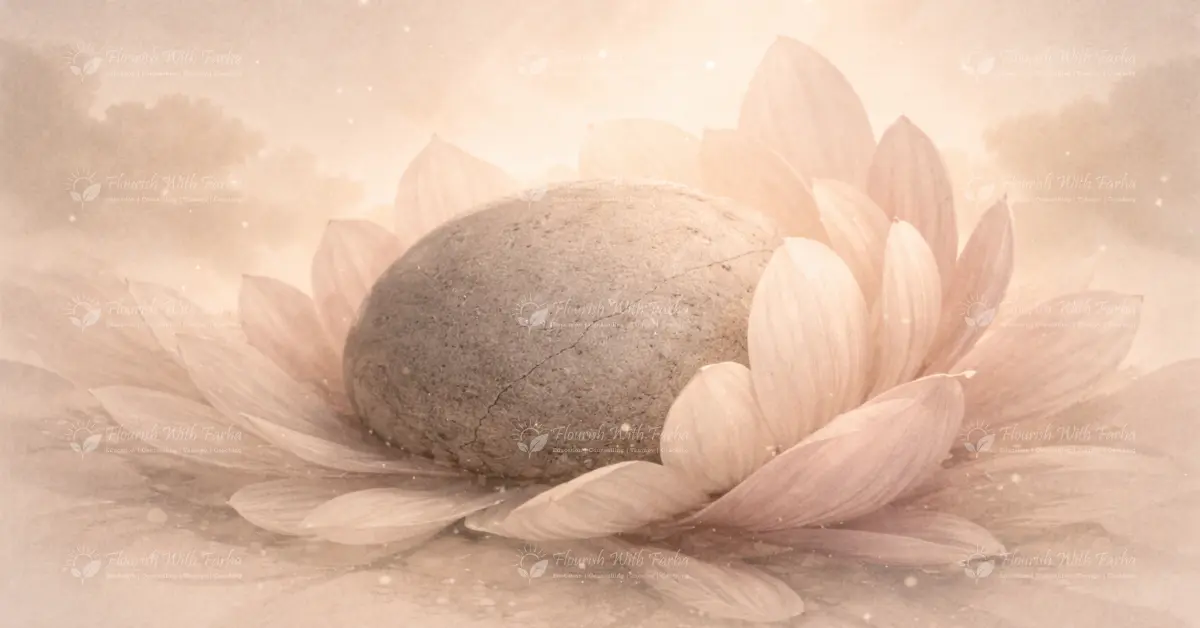 A smooth stone resting gently within soft lotus petals in warm muted tones, symbolizing the transition from rigid strength to tender softness after prolonged survival and the return of gentleness after hardship.
