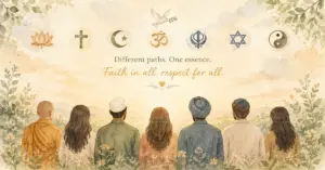 Watercolour illustration of seven people viewed from behind, facing a sunrise, with symbols of major world faiths including a lotus, cross, crescent moon, om, khanda, star of David, and yin yang above them, alongside the text different paths, one essence, faith in all, respect for all.