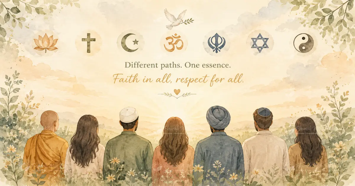 Watercolour illustration of seven people viewed from behind, facing a sunrise, with symbols of major world faiths including a lotus, cross, crescent moon, om, khanda, star of David, and yin yang above them, alongside the text different paths, one essence, faith in all, respect for all.